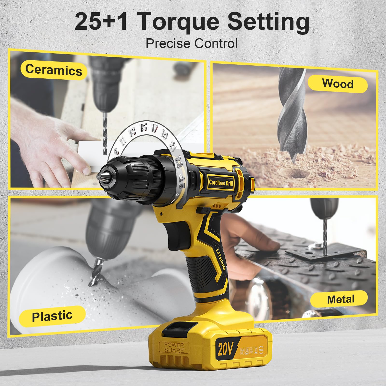 FAHEFANA Cordless Drill, 20V Power Drill with 25+1 Max 370 in-lb Torque, Electric Screwdriver Driver with Battery and Charger, 3/8
