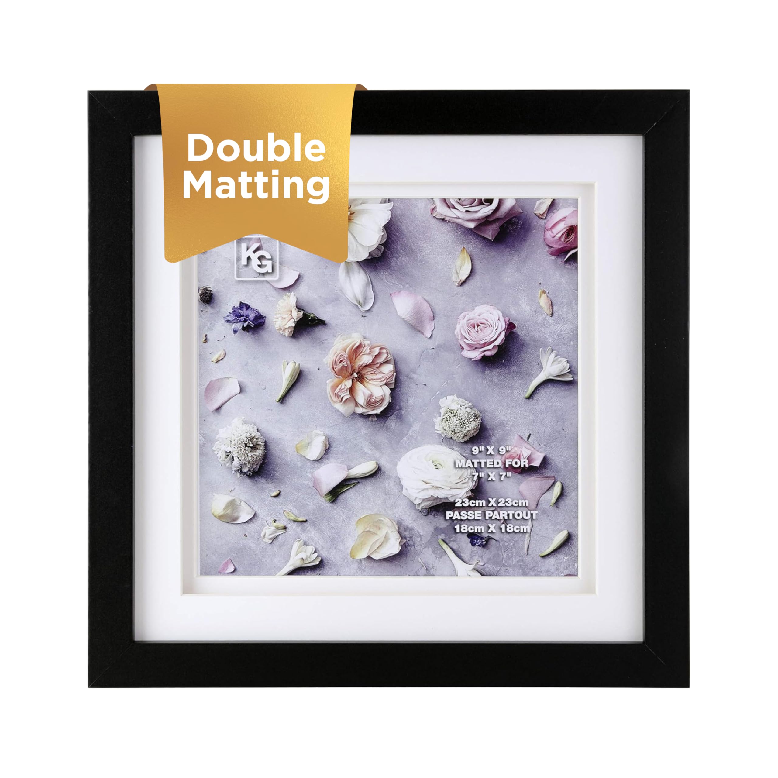 Kiera Grace Morgan Picture Frame, Holds a 7" x 7" Photo, 9" x 9" Large Wood Picture Frame with Double Matting for Wall Hanging and Photo Display, Black