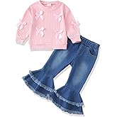 Renotemy Toddler Baby Girl Clothes Fall Winter Outfit, Bow Sweatshirt Denim Bell Bottom Jeans Outfits for 1-5 Year Girls