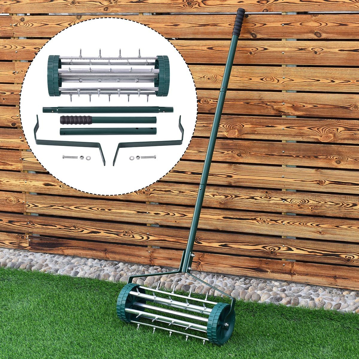 COSTWAY Lawn Spike Aerators Manual Grass Roller, Rotary Push Tine