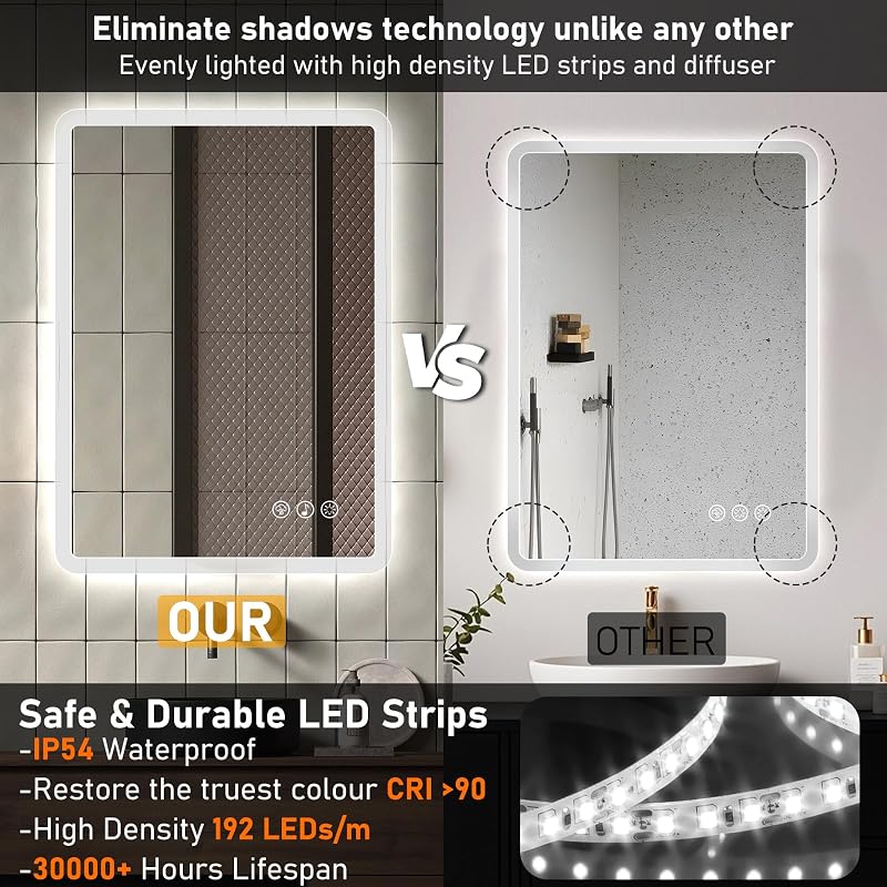 Bluetooth Espejo Baño con Luz 50x70cm, Espejos de Baño con LED con Antivaho, Regulable, 3 Colores Luz, Función Memoria
