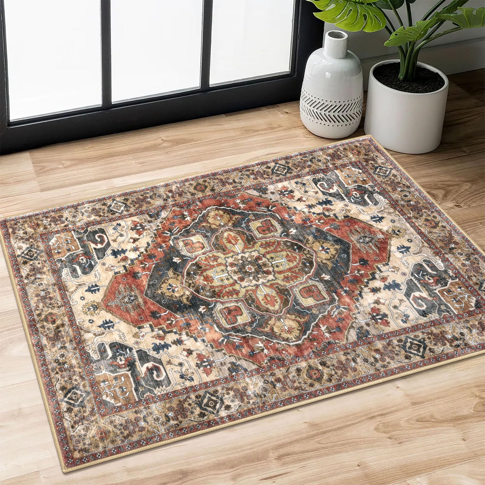 Photo 1 of SIILOOM 2x3 Terracotta Washable Rug Soft Area Rug for Entryway, Non-Slip Indoor Door Mat Boho Low-Pile Kitchen Rugs, Floor Vintage Carpet for Entrance Kitchen Bedside Farmhouse