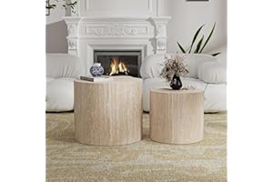 2-Piece Round Nesting Coffee Table Set, Modern Travertine Side End Table, Small Circular Coffee Tables for Living Room, Bedro