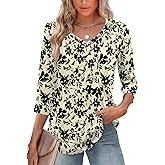Romanstii Shirts for Women 2026 Spring 3/4 Length Sleeve Womens Tops Dressy Casual Pleated Blouses V Neck Tee Shirts S-3XL