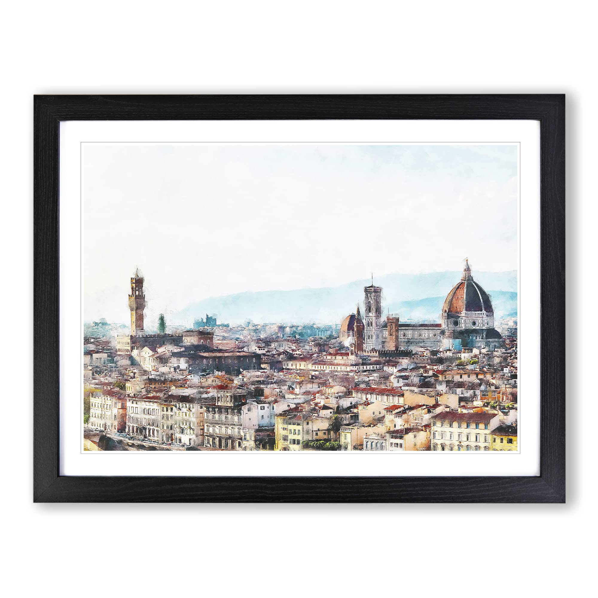Florence Cathedral & Skyline In Italy Painting Modern Art Framed Wall Art Print, Ready to Hang Picture for Living Room Bedroom Home Office Décor, Black A3 (46 x 34 cm)