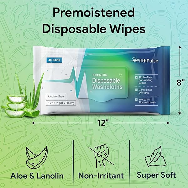 DISPOSABLE BODY WIPES FOR ADULTS 40 COUNT -PREMOISTENED WASHCLOTHS FOR ELDERLY BATHING INFUSED WITH ALOE AND LANOLIN -ALCOHOL-FREE ADULT WET WIPES, EXTRA LARGE 8” X 12” WASH CLOTH