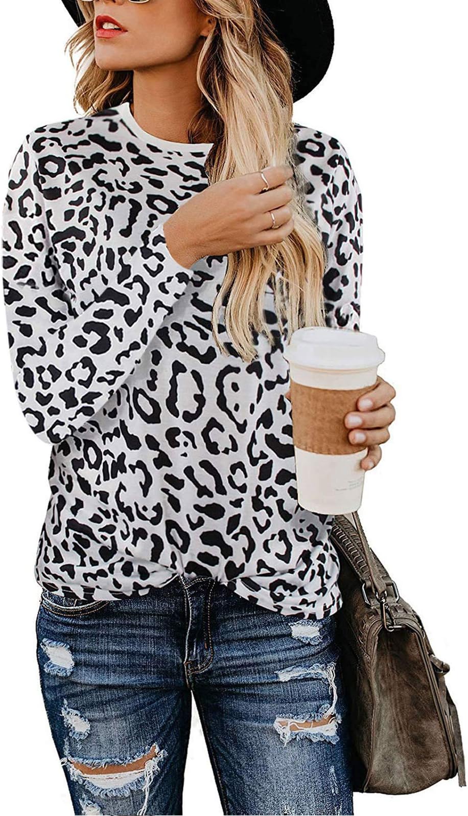 Women Leopard Print Shirts Basic Tunics Round Neck Comfy Tops Long Sleeve Fashion Blouse