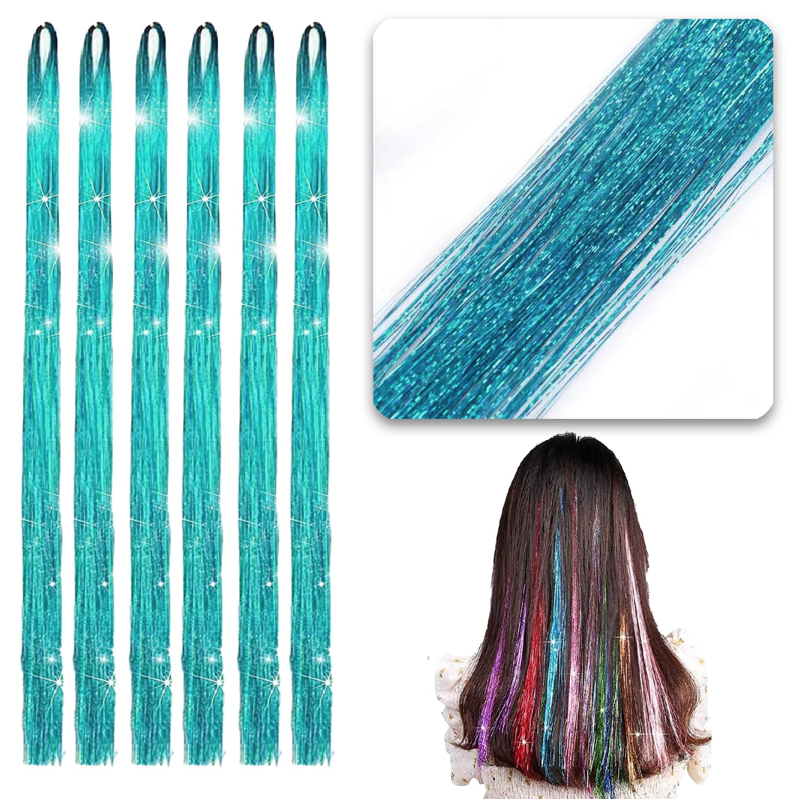 6 Pcs Hair Tinsel Extensions Kit, Glitter Extensions for Women & Girls, Colorful Straight Accessories for Christmas, New Year, Halloween (Turquoise) — image 1