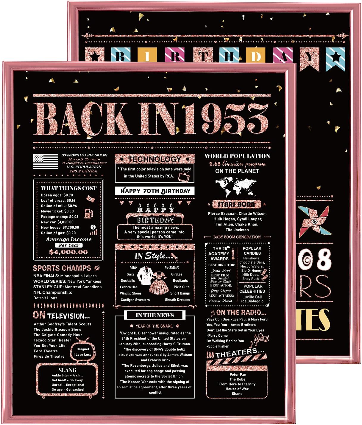 Wall Décor - 70th Birthday Posters, 2 Pieces 70th Birthday Decorations for Women, 70th Birthday Gifts for Mom, Back in 1953 Birthday Poster (Unframed), 8x10 Inch, Rose Gold