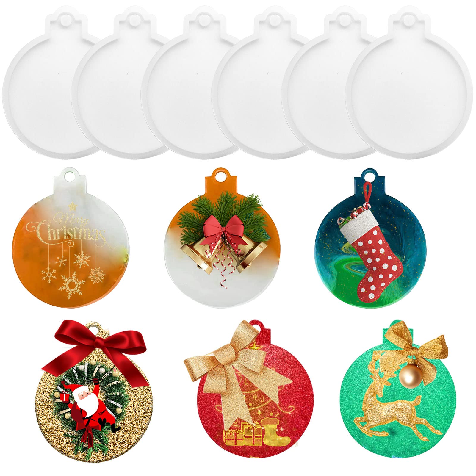 6 Pcs Christmas Resin Molds Silicone, Epoxy Molds for Round Silicone Christmas Tree Decorations, DIY Craft Keychain Pendant Making