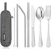 Travel Stainless Steel Utensils Set with Case – 8-Piece Reusable Flatware Kit Includes Fork, Knife, Spoon, Chopsticks, Straws