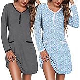 Marvmys Women's 2 Pack Nightgown Long Sleeve Henley Sleepshirt Soft Short Pajama Dress with Pockets