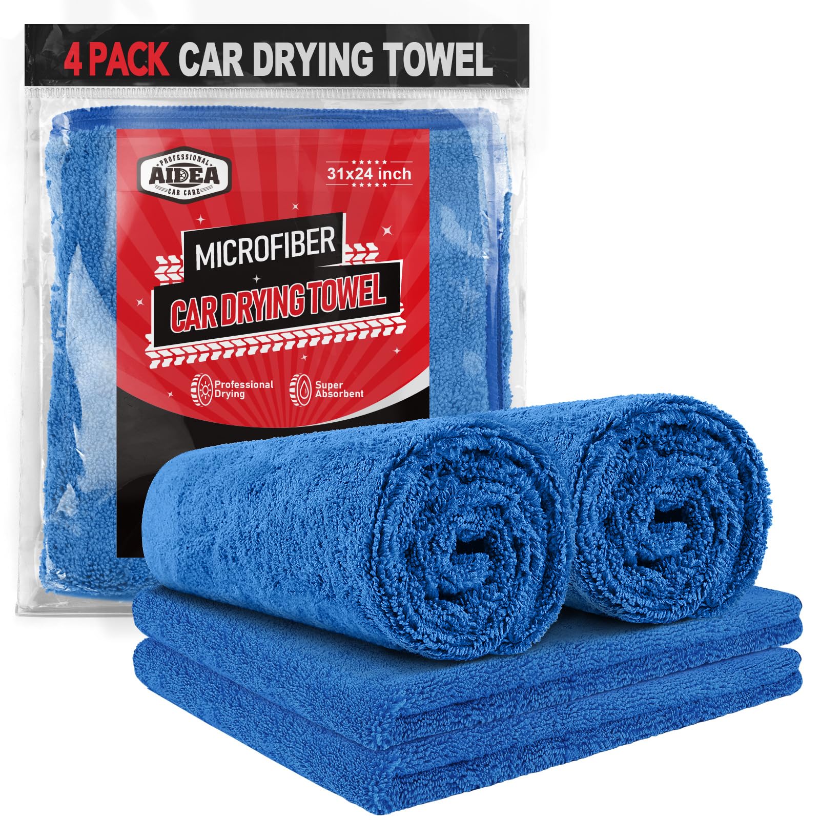 Photo 1 of AIDEA Microfiber Towels for Cars-4PK, Large Professional Car Drying Towel, Scratch-Free & Absorbent Drying Towel for Cars, SUVs, RVs, Trucks, and Boats, 24inx 31in, Blue