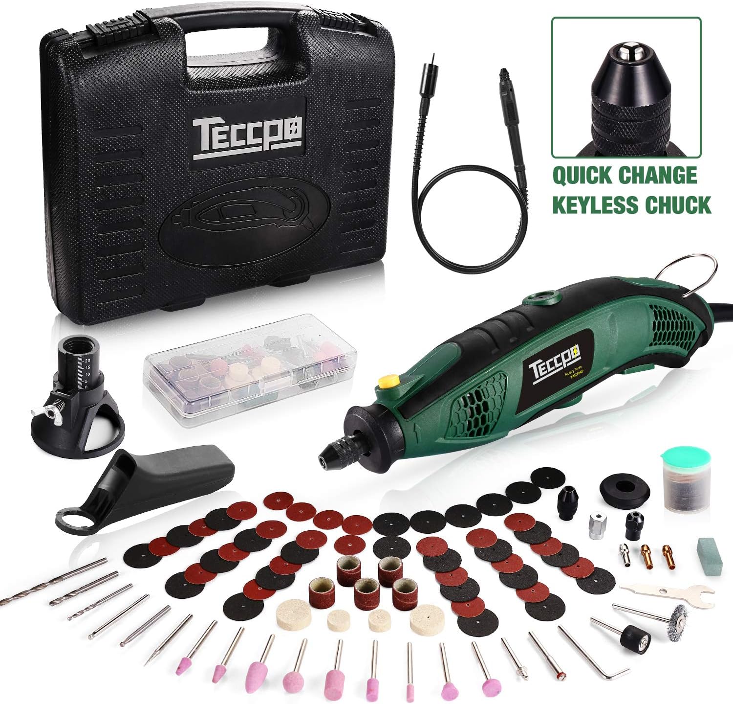 TECCPO Rotary Tool Kit, 6 Variable Speed with Flex shaft, Universal Keyless Chuck, 84 Accessories, Cutting Guide, Auxiliary Handle and Carrying Case, Multi-functional for Crafting Projects