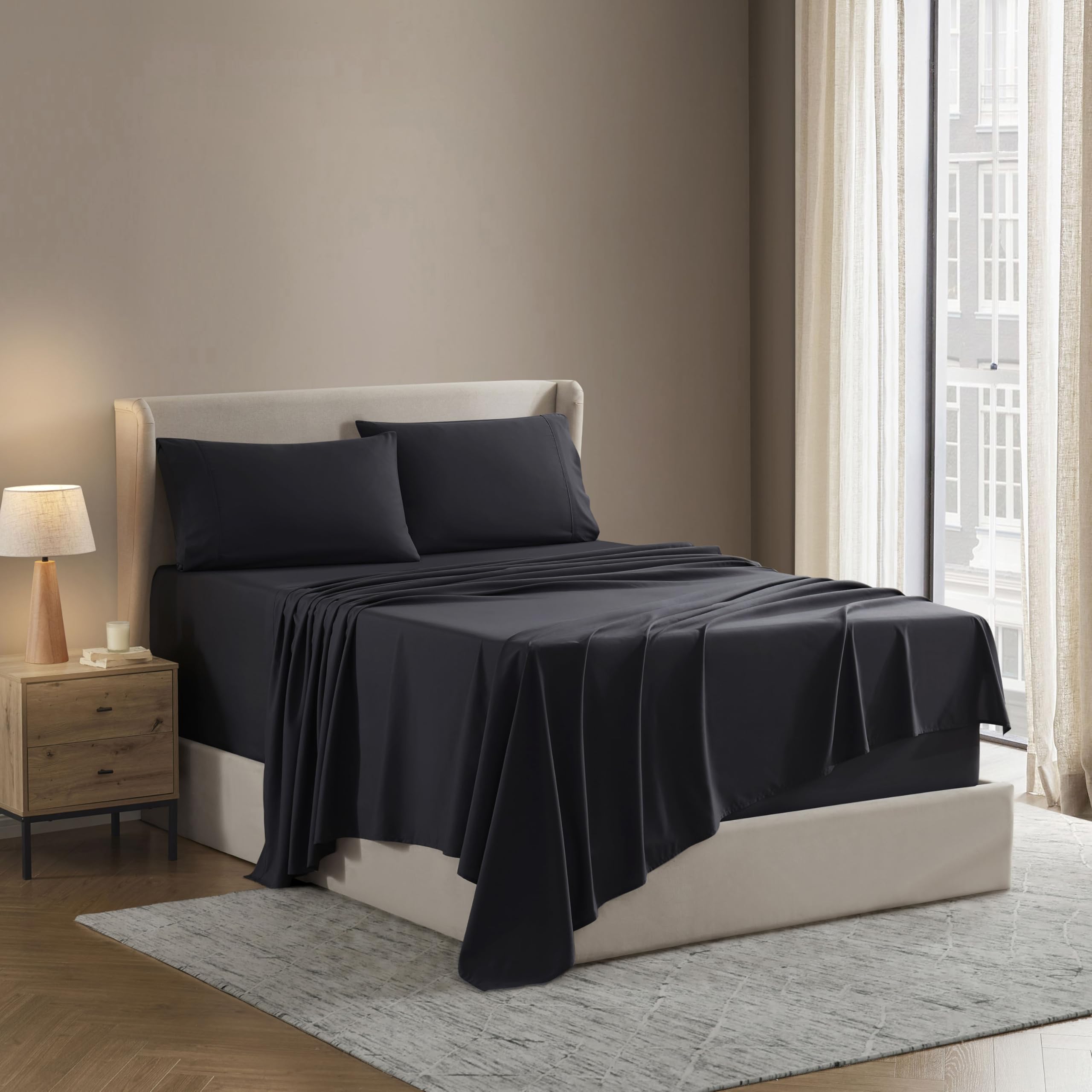 Photo 1 of Nestl California King Sheet Set - 1800 Ultra-Soft Microfiber Cal King Bed Sheets - Double Brushed - Deep Pockets - Easy Fit - 4 Piece Set - Bed Sheets (California King, Black)