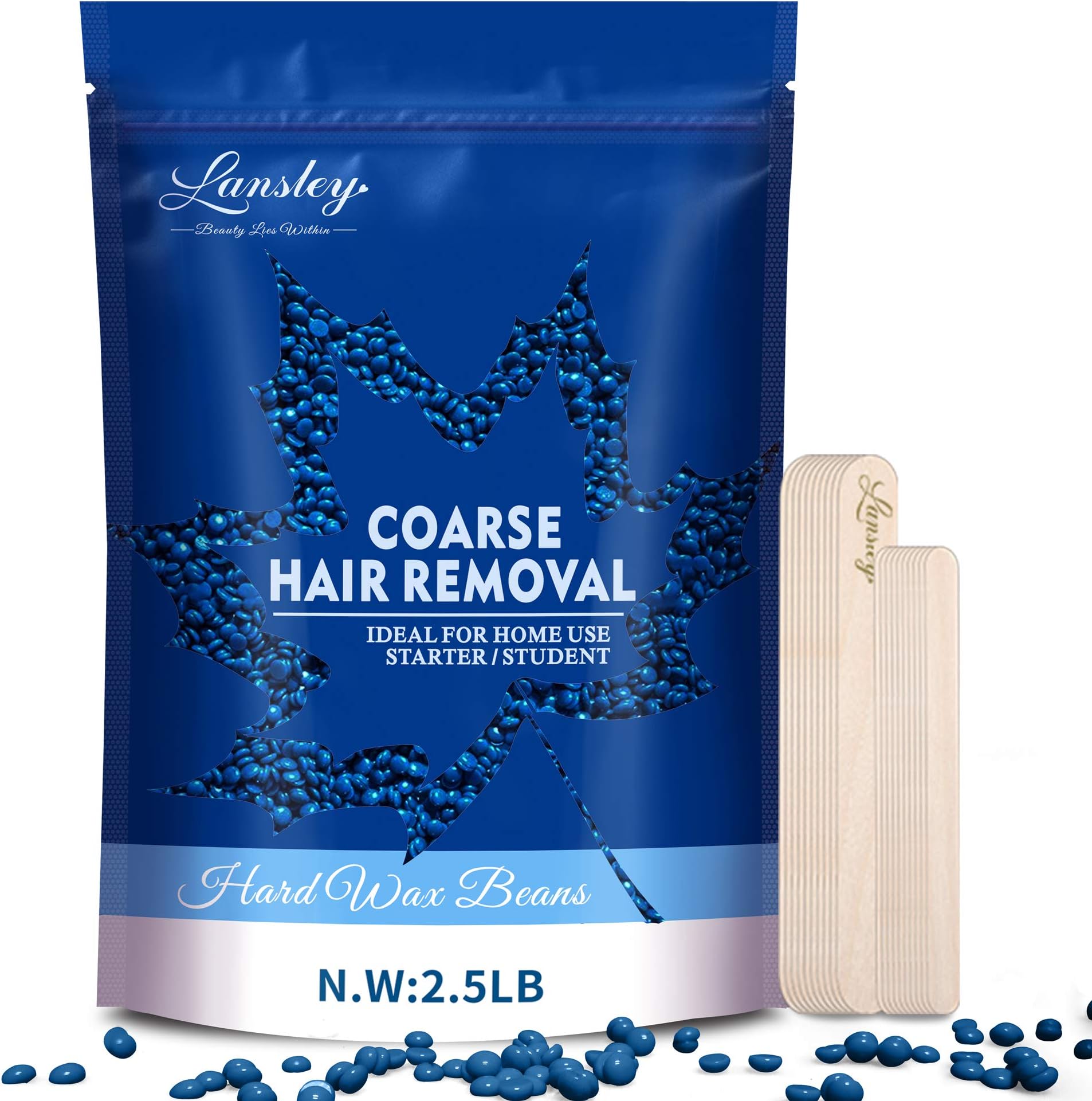 Wax Beads LANSLEY Hair Removal Wax Kit for Women Men for Face Painless A Pearl Hard Wax Beans 2.5lb/1.1kg with 10 Wax Applicator No Needed Strips