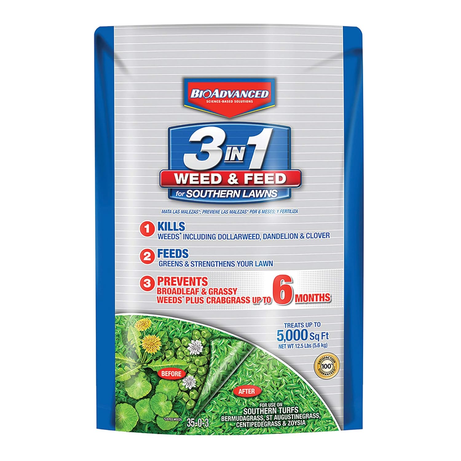 BioAdvanced 704840B 3 in 1 Weed and Feed for Southern 5M Lawn Fertilizer with Herbicide, 12.5 lb, Granules