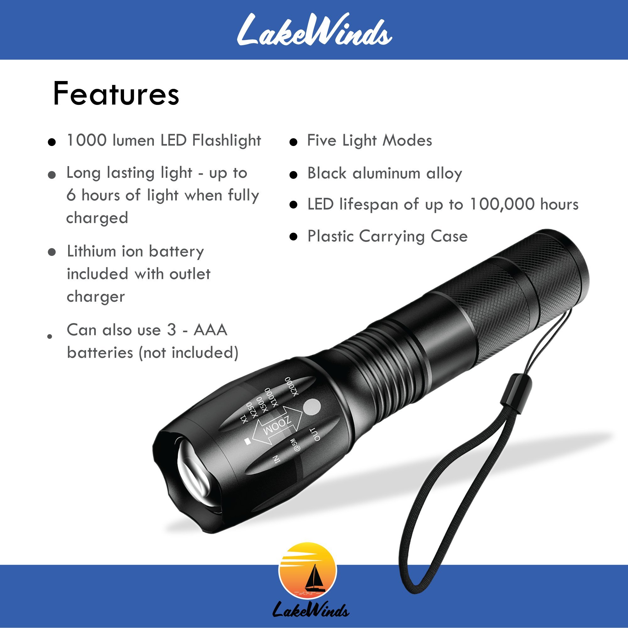 Lakewinds 1000 Lumen LED - High Powered Rechargeable Adjustable Tactical Flashlight - Five Focus Modes - Shock Resistant - Water Resistant - 600 Foot Light Range