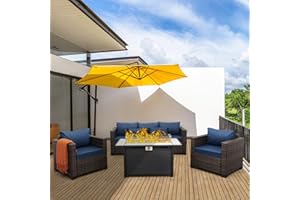 OASISHINE 4 Pieces Outdoor Patio Furniture Set 43 in Outdoor Fire Pits Wicker Outdoor Furniture Chairs and Sofa 60000 BTU Outdoor Propane Fire Pit Table Non-Slip Cushions and Waterproof Covers, Navy Blue