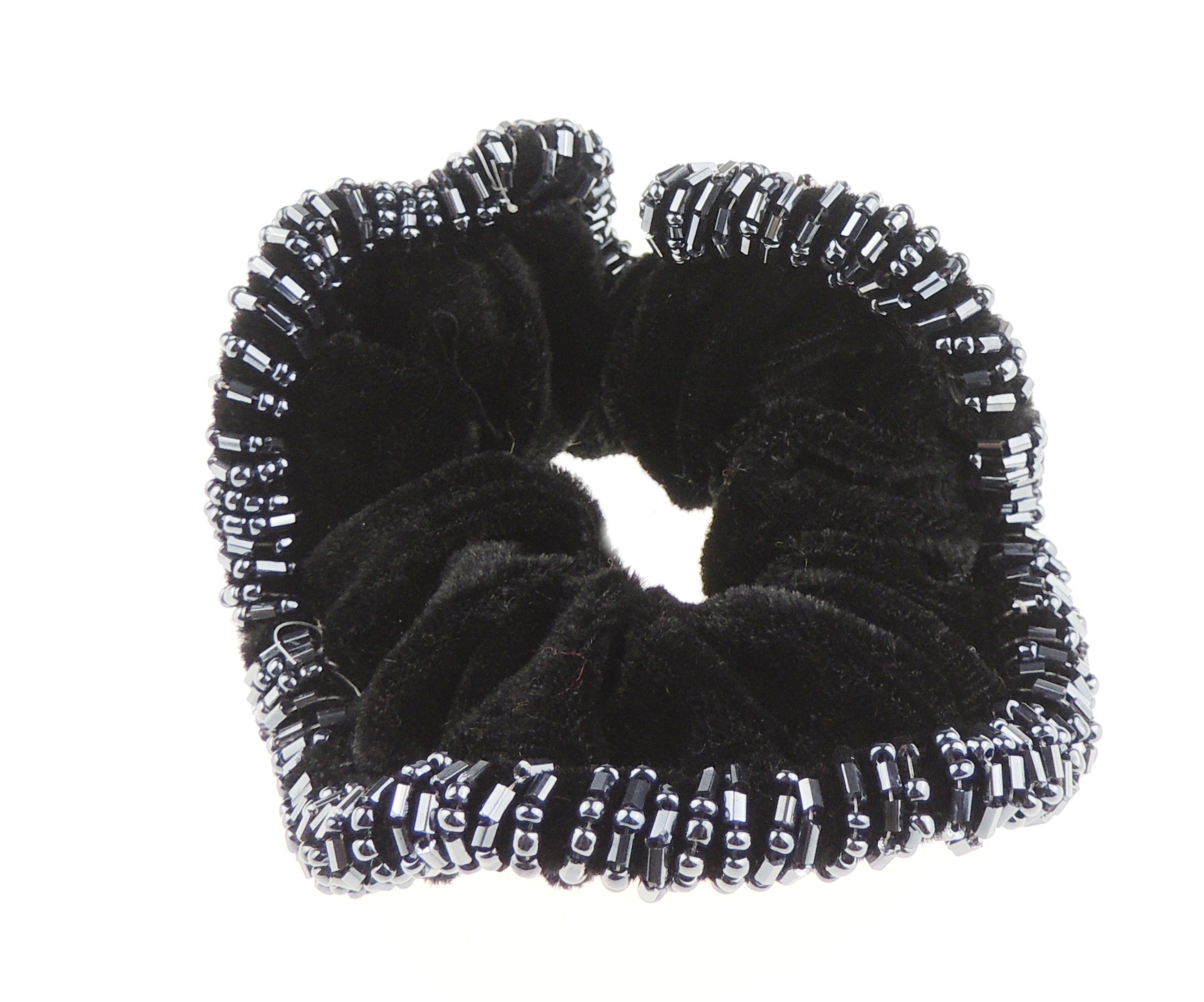 Womens Girls Black Velvet Beaded Fabric Evening Christmas Birthday Bridal Wedding Bridesmaid Party Scrunchie Ponio Hair Tie Up Back Elastic Accessories Bobbles Ponytail Holder Rubber Bands Grey