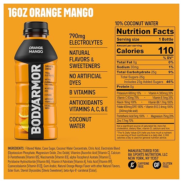 BODYARMOR SPORTS DRINK SPORTS BEVERAGE, ORANGE MANGO, NATURAL FLAVORS WITH VITAMINS, POTASSIUM-PACKED ELECTROLYTES, NO PRESERVATIVES, PERFECT FOR ATHLETES, 16 FL OZ