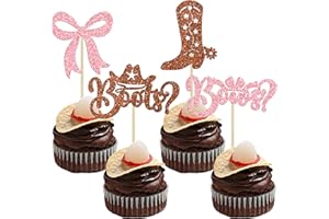 Gyufise 24Pcs Boots or Bows Cupcake Toppers Glitter Boy or Girl Cupcake Picks for Gender Reveal Theme Baby Shower Boys Girls Birthday Party Cake Decorations Supplies Brown Pink