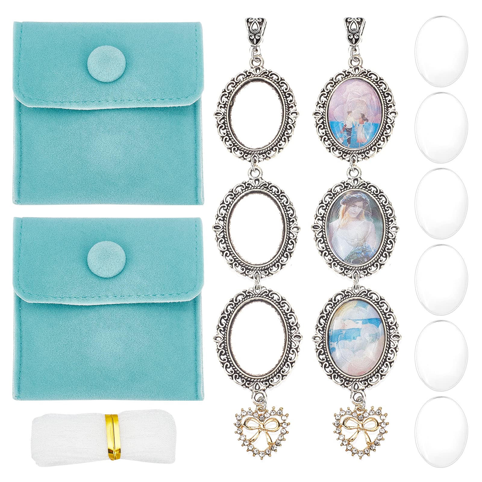 CHGCRAFT 11Pcs Wedding Bouquet Photo Charm Making Kit with 2Pcs Lacy Frame Wedding Charms 2Pcs Velvet Jewelry Bags 2 Yards Organza Ribbon for Wedding Bachelor Party, 1.8cmx2.5cm