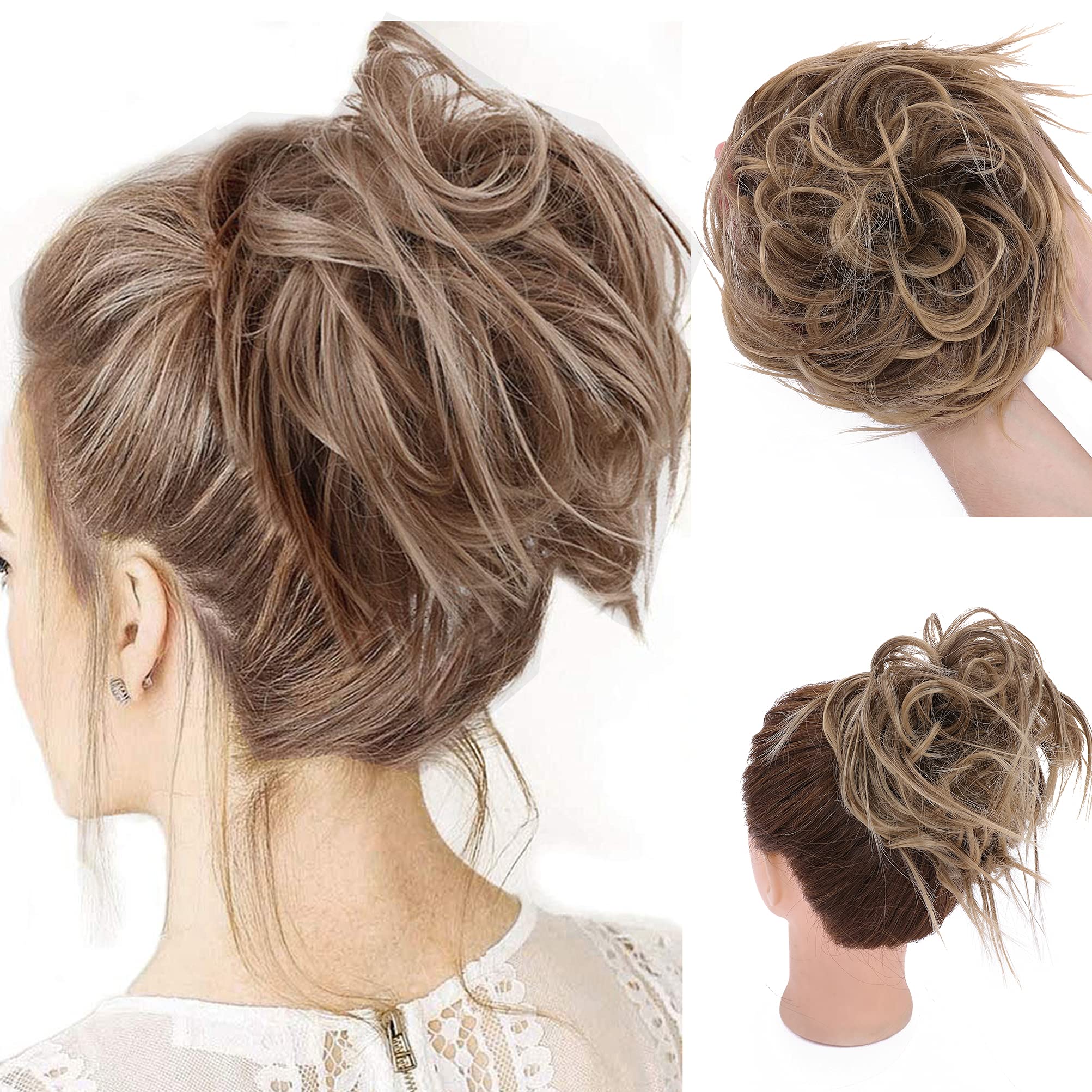 Tousled Updo Messy Bun Hair Extension Instant Ponytail With Elastic Rubber Band Updo Chignon Donut Scrunchies Extensions Hairpiece Synthetic Wavy Hair Dark Blonde mix Ash Brown