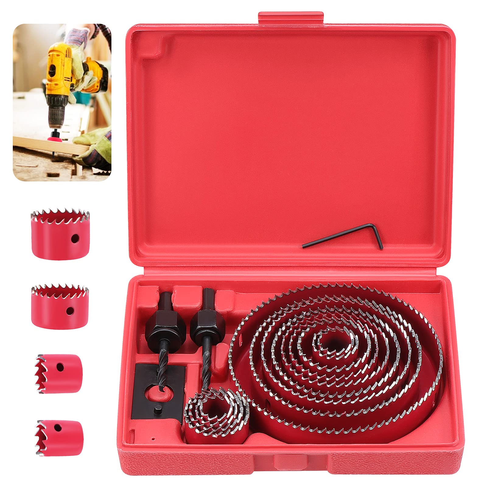 Knpwer 20 PCS Hole Saw Cutter Kit Carbon Steel Downlights Drill Bit Tools for Wood, Plasterboard, Density board and Non Ferrous Metals 19-127mm (Red)