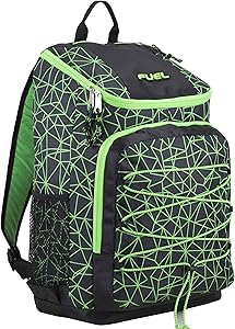 Fuel Wide Mouth Sports Backpack with Front Bungee and Inner Tech Pocket, Black/Lime Green Sizzle/Shattered Geo Print