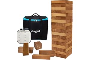 Juegoal 54 Pieces Giant Tumble Tower Blocks Game Giant Wood Stacking Game with 1 Dice Set, Gameboard, Canvas Bag for Adult, Kids, Family, Brown