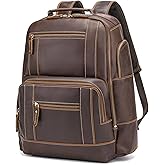 LANNSYNE Full Grain Leather Backpack Fits 17" Laptop For Men, Casual Rucksack For Business Travel Hiking Camping Overnight, YKK Zippers