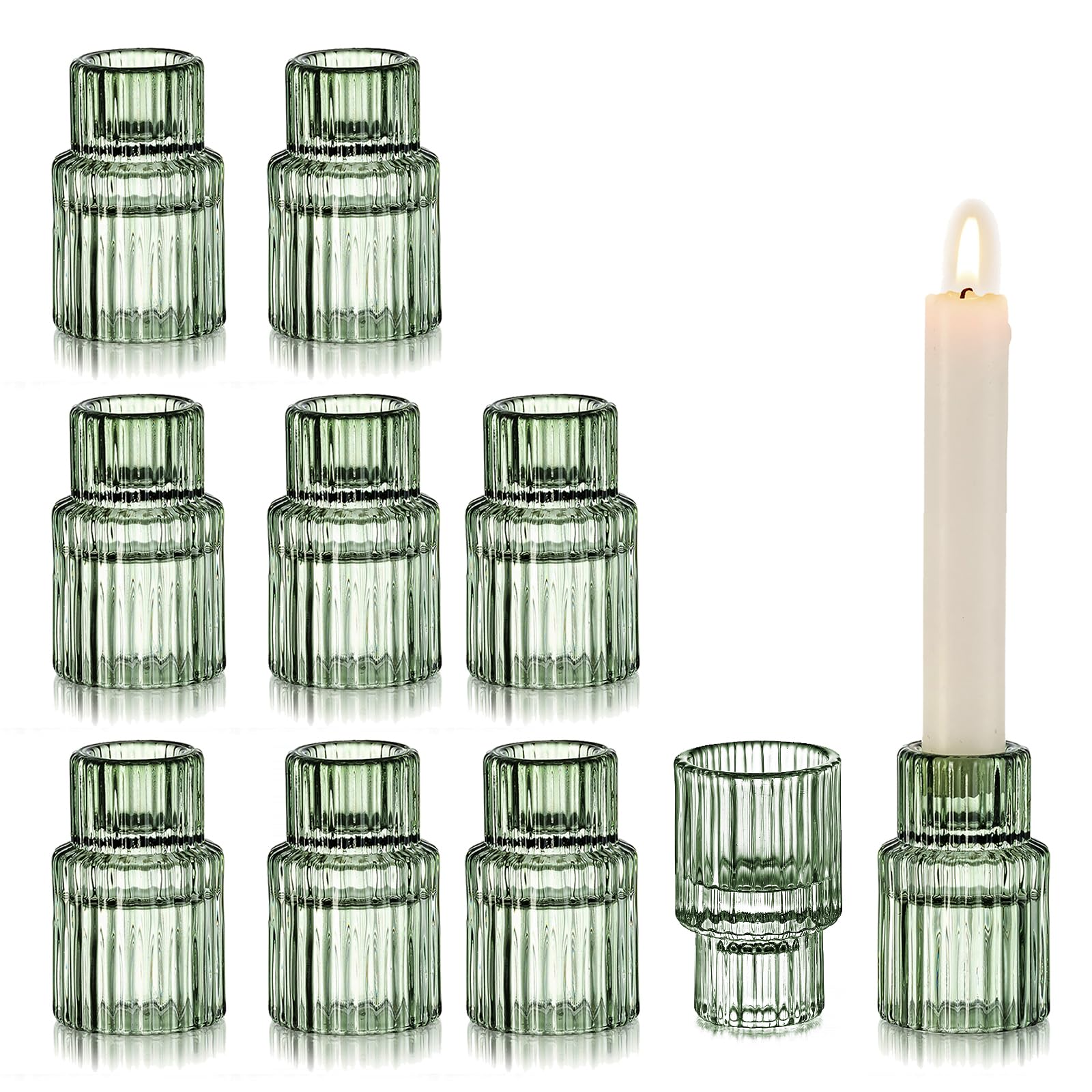 Glasseam Candlestick Holders Glass Green: Candle Sticks Holder Set of 10 Taper Candle Holder Ribbed Candle Holders for Living Room Small Candlestick Holder for Wedding Party Tables Decorations