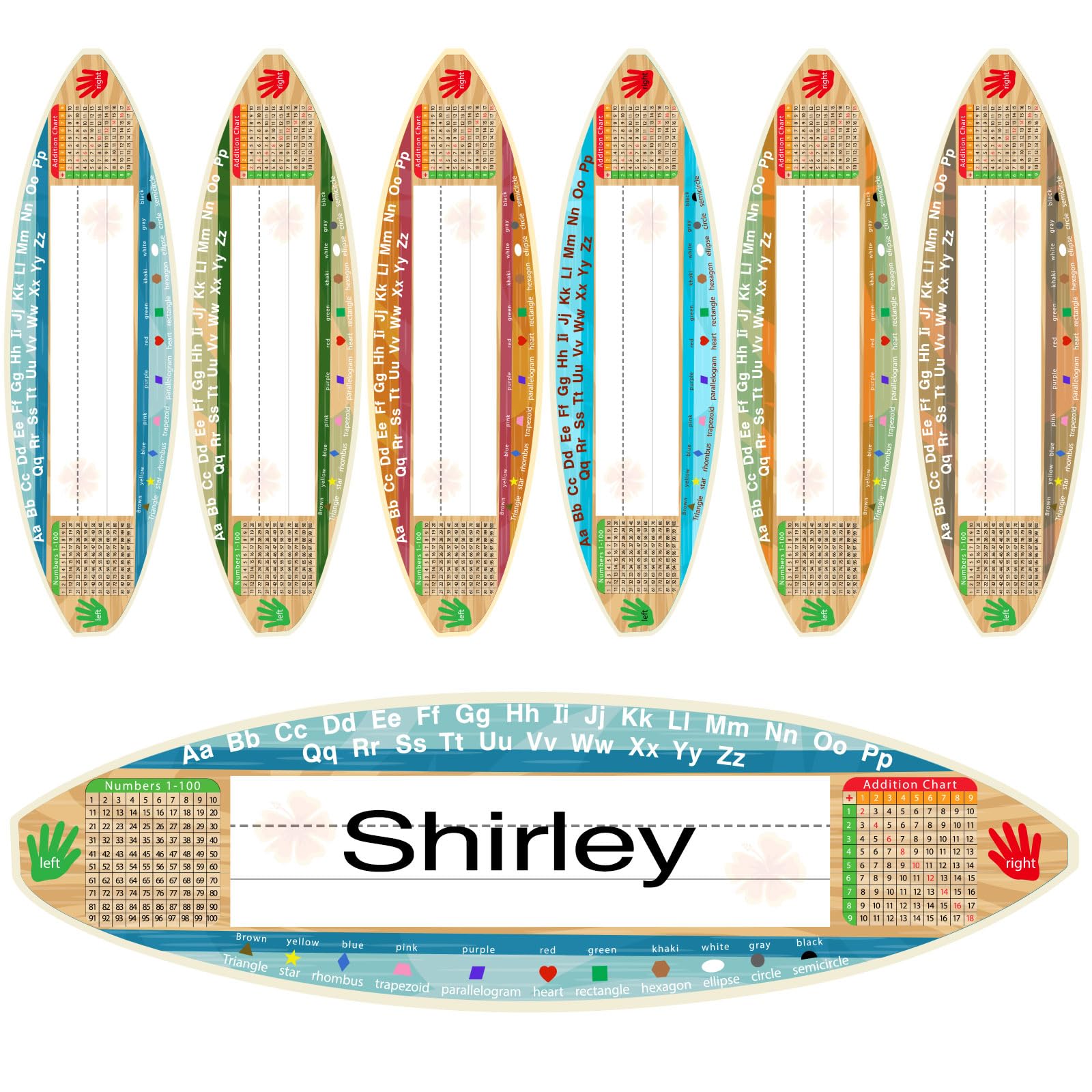 Photo 1 of 60Pcs Back to School Surfboard Desk Name Tags Classroom,Student Name Plates for Desk,Tropical Beach Desk Nameplates with Alphabet,Numbers,Addition Chart,Kindergarten Classroom Must Haves,12x3.5 Inch