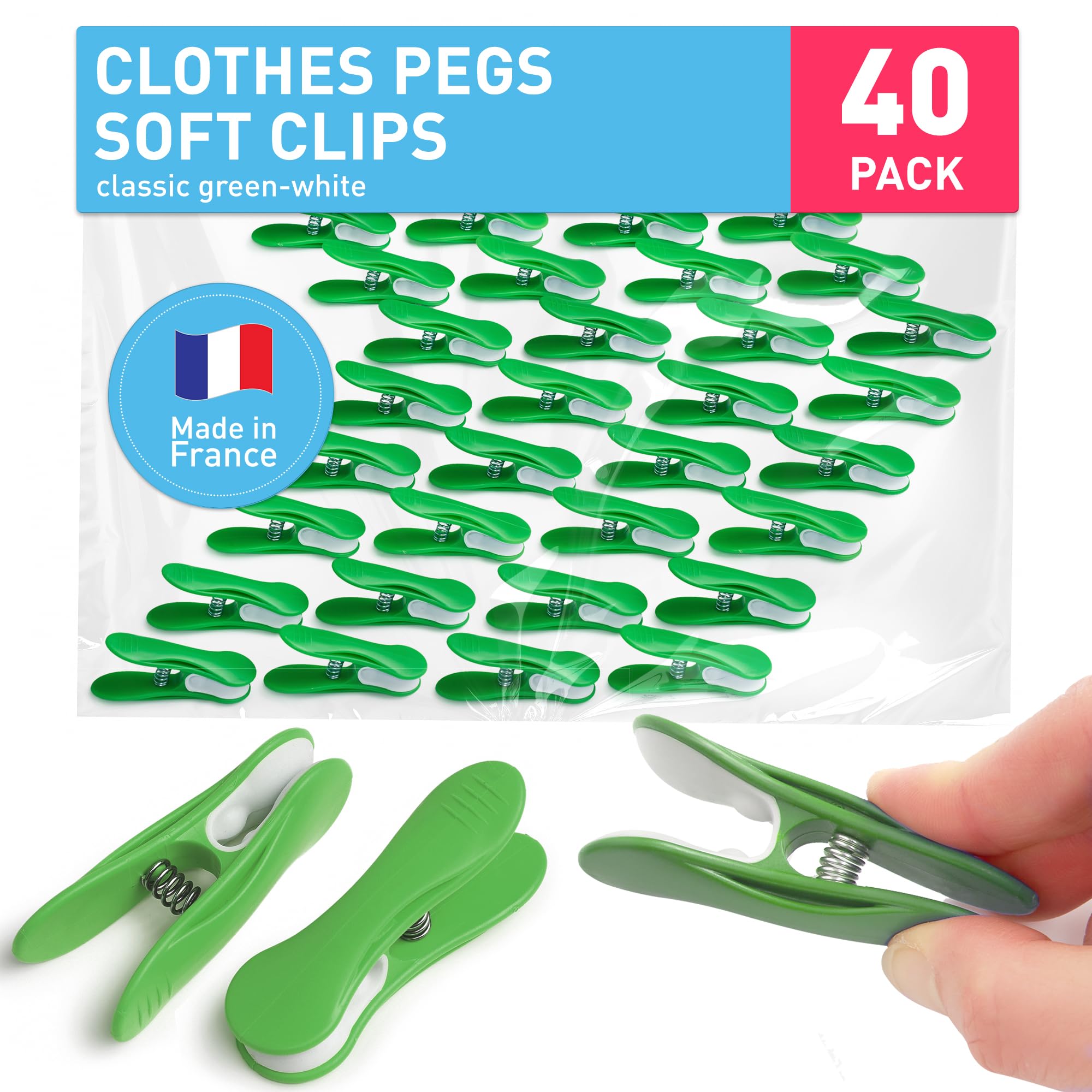 culiclean Clothes Pegs – Strong Soft Grip Soft Clips – Durable Plastic Pegs for Indoor & Outdoor Use – Heavy Duty Clothes Clips – 40 Pack – classic green-white