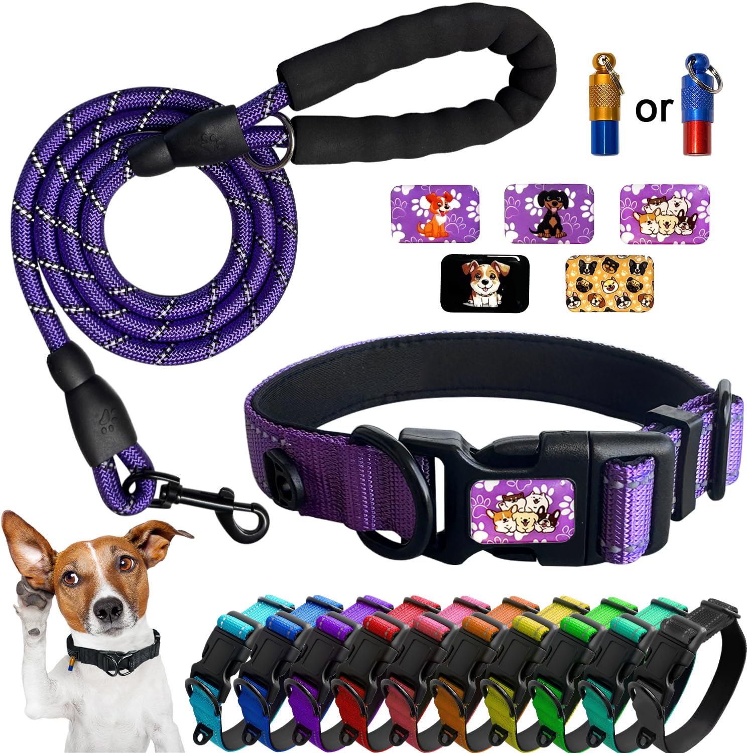 Mauts Pet Dog Collars and Lead Set for Large Medium Small Dogs. (3 Pcs) (Purple, Large)