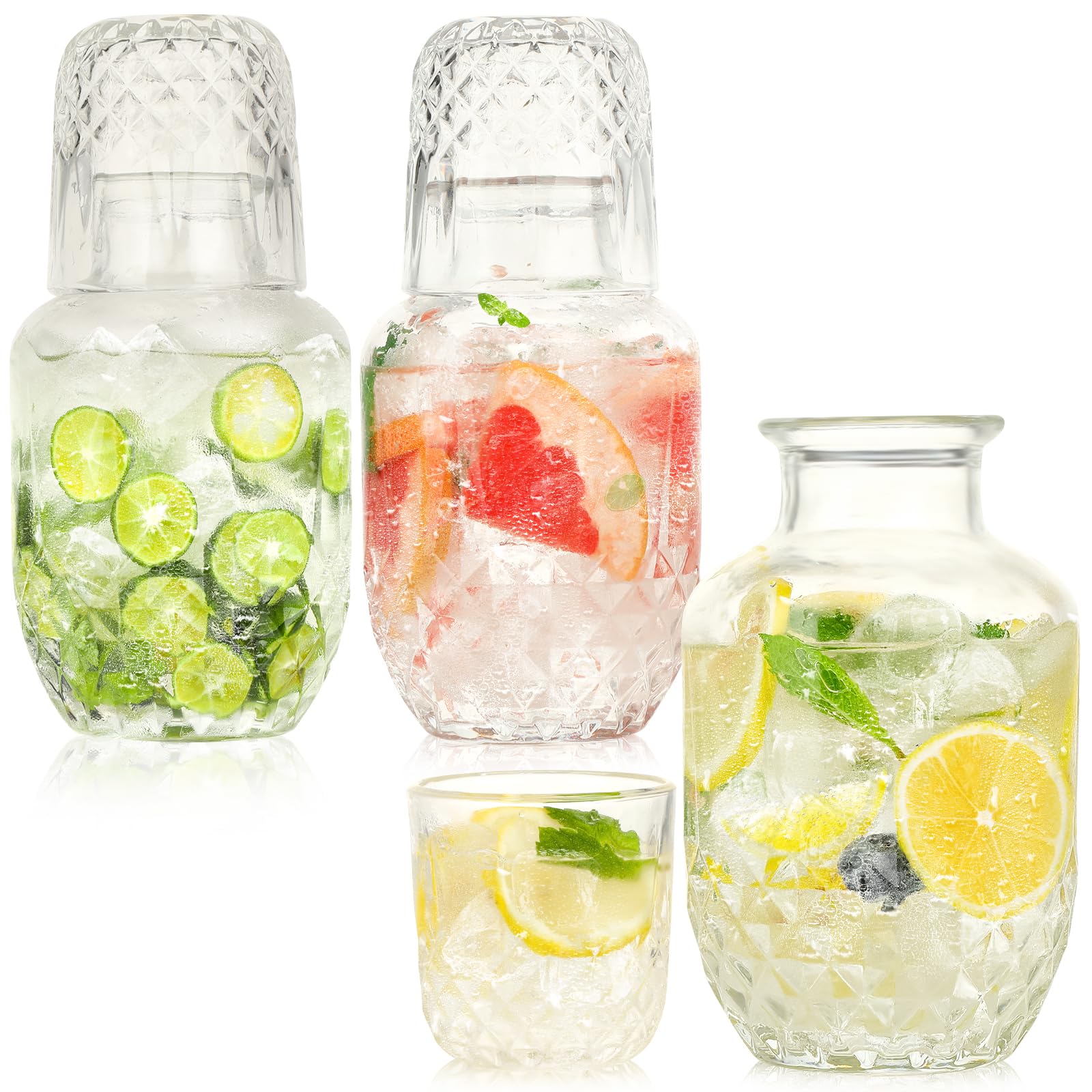 Photo 1 of 1 Set Bedside Water Carafe and Glass Set 18 OZ Vintage Glass Water Pitcher with 5 OZ Cup Set Clear Glass Water Pitcher for Bedroom,Bar,Bathroom,Hotel,Restaurant,Juice,Mouthwash Container,Style-2