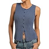 Kate Kasin Women Summer Going Out Tank Tops Y2K, Button Up Sleeveless Top, Ribbed Knit Sweater Vest Trendy