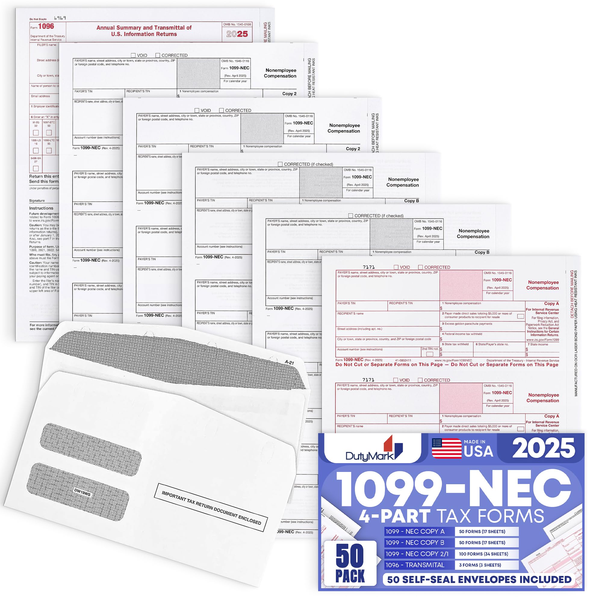 Photo 1 of 50 1099 NEC Tax Forms 2025 with Envelopes, 4 Part Legal Laser Tax Forms Kit, 50 Self Seal Envelopes, US Government Forms - Compatible with QuickBooks and Accounting Software, Made in The USA 50 Pack