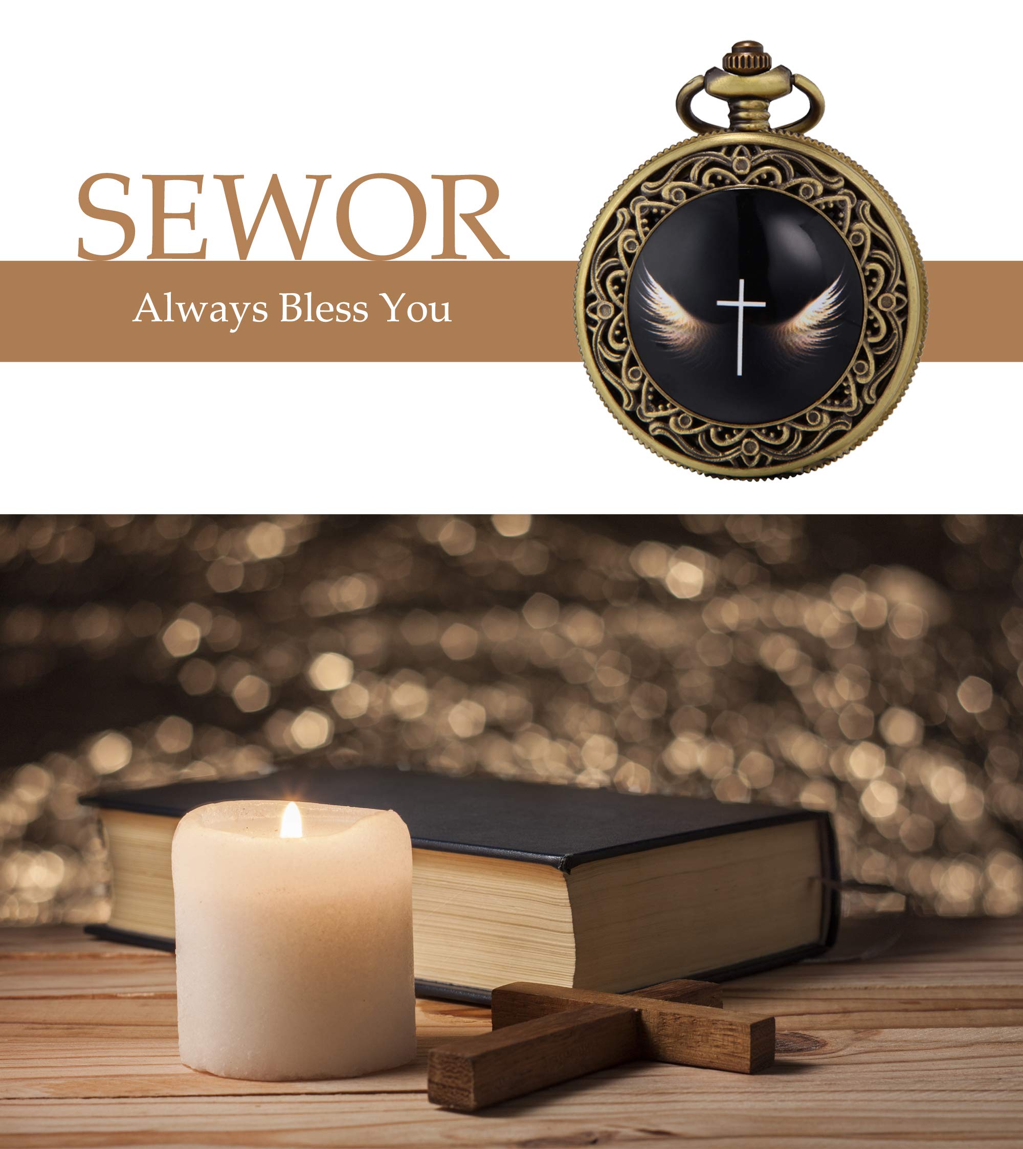 SEWOR Fashion Bronze Quartz Enamel Painting Pocket Watch Black Dial + Leather Gift Box (Cross Wings)