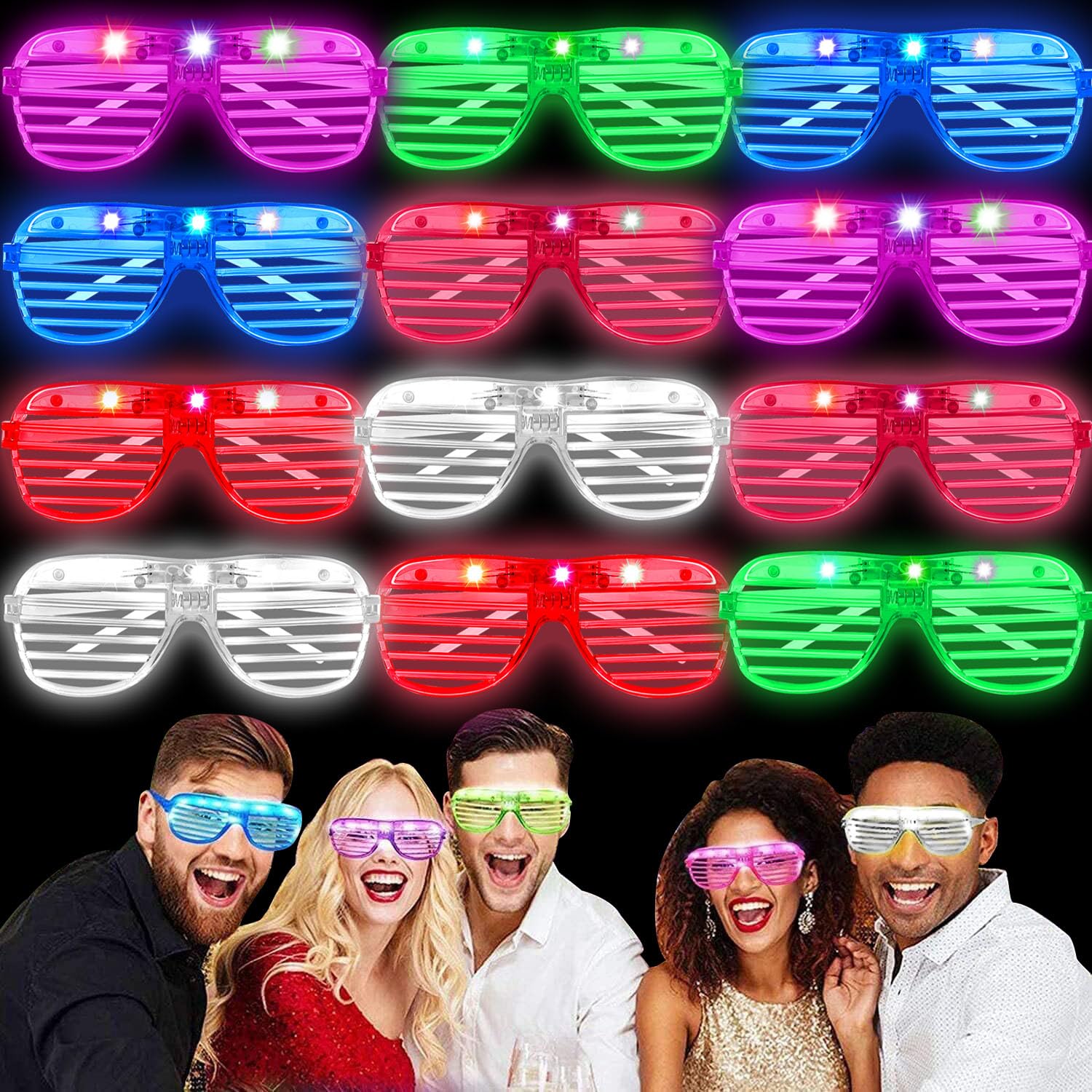 Kimimara Neon Glasses Party - 12 Pack LED Light up Glasses Glow in the Dark Kids Shutter Shades Glasses Flashing Sunglasses for Adults Rave Party Set Happy New Years Eve Party Glasses (K238_12P)