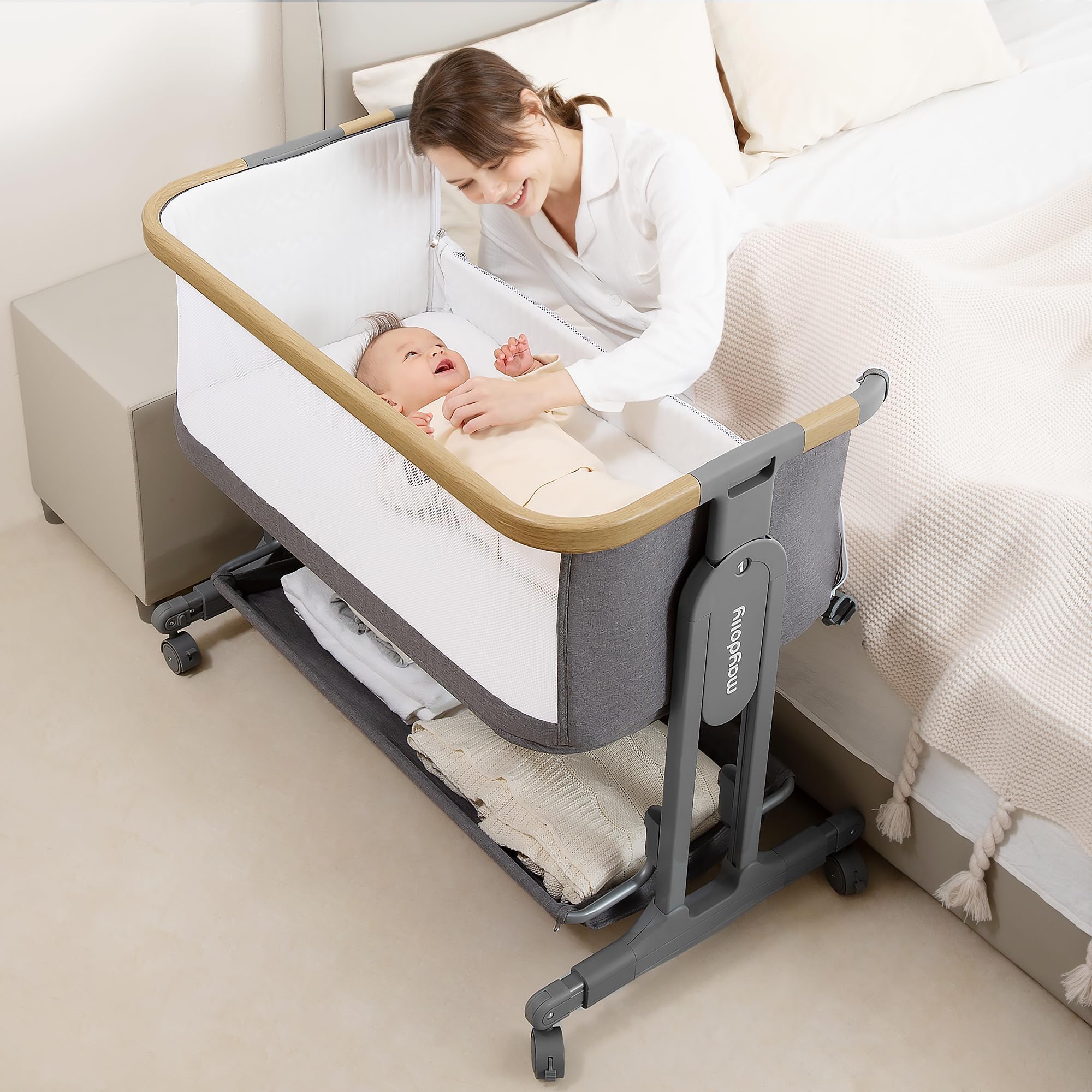 Photo 1 of 3-in-1 Baby Bassinet Bedside Sleeper, Baby Bassinet Bedside Crib with Mattress & Breathable Sheet, Full Mesh Sides, 7 Height Levels, Stable & Secure Bedside Crib for Newborns (Grey)