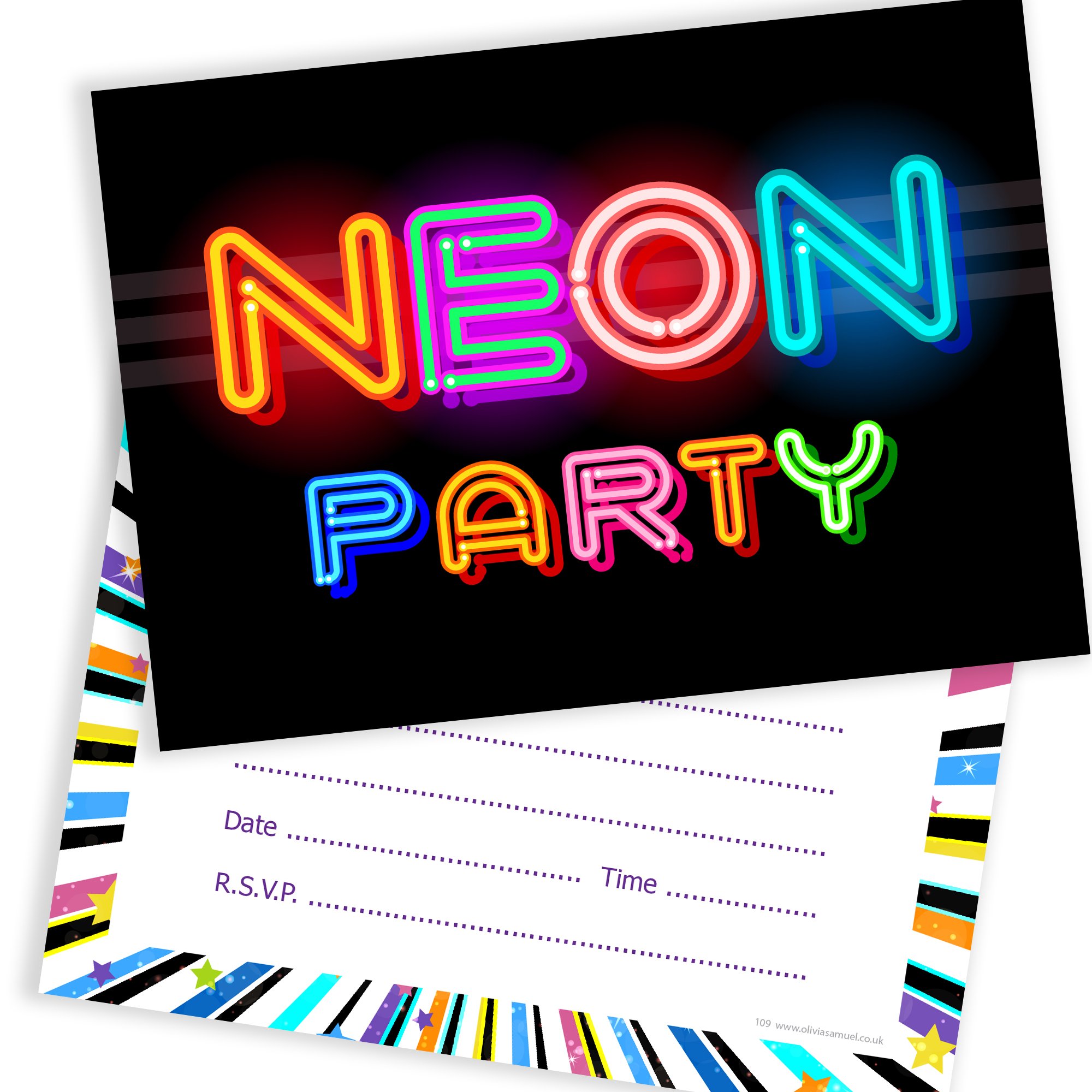 Olivia Samuel 20 x Neon Party Invitations from Ready to Write for Birthdays - With Envelopes
