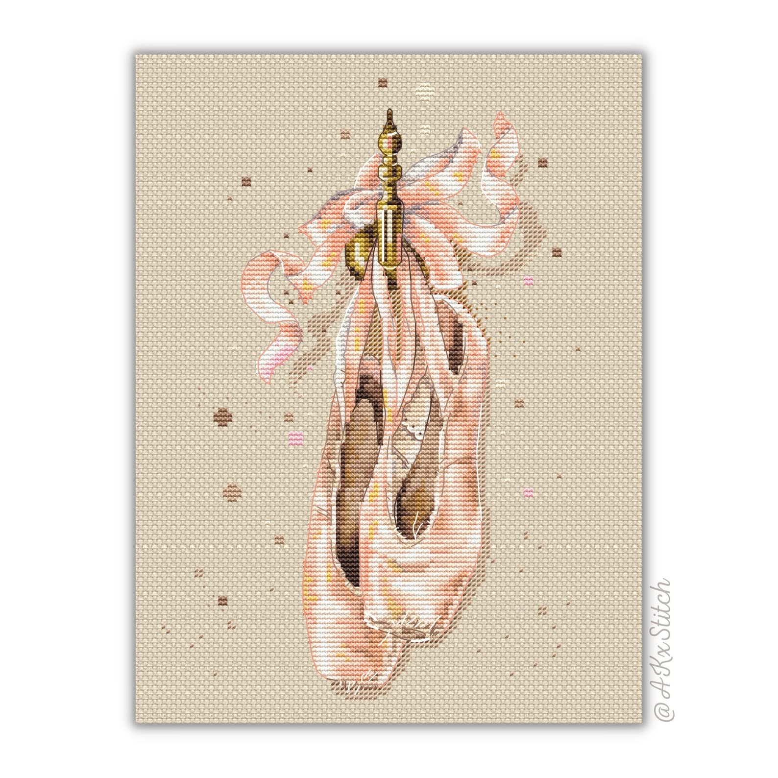 AKxStitch Ballet Pointe Shoes Cross Stitch KIT PDF Chart, Realistic Embroidery Pattern of Ballerina's Dance Footwear, DIY Girl Nursery Room Decor Art