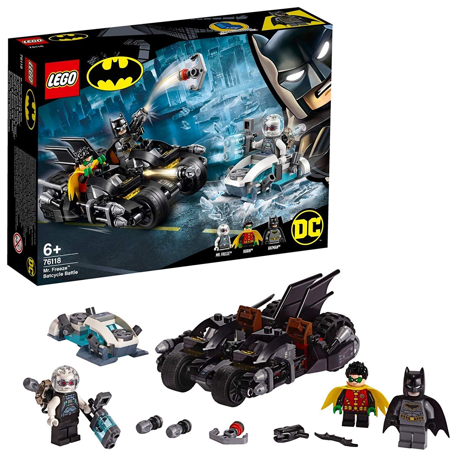 LEGO 76118 DC Batman Mr. Freeze Batcycle Battle, 2in1 Bike Set, Batman and Robin Cycle Chase