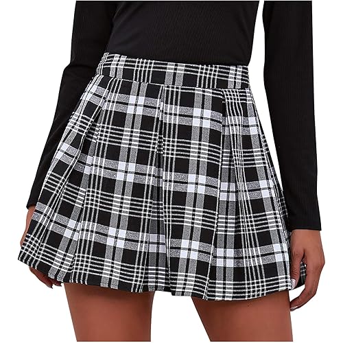 Women's High Waist Plaid Skirt Casual High Elastic Zipper Back Faux Suede Dress Mini Skater Skirt A-Line with Buttons