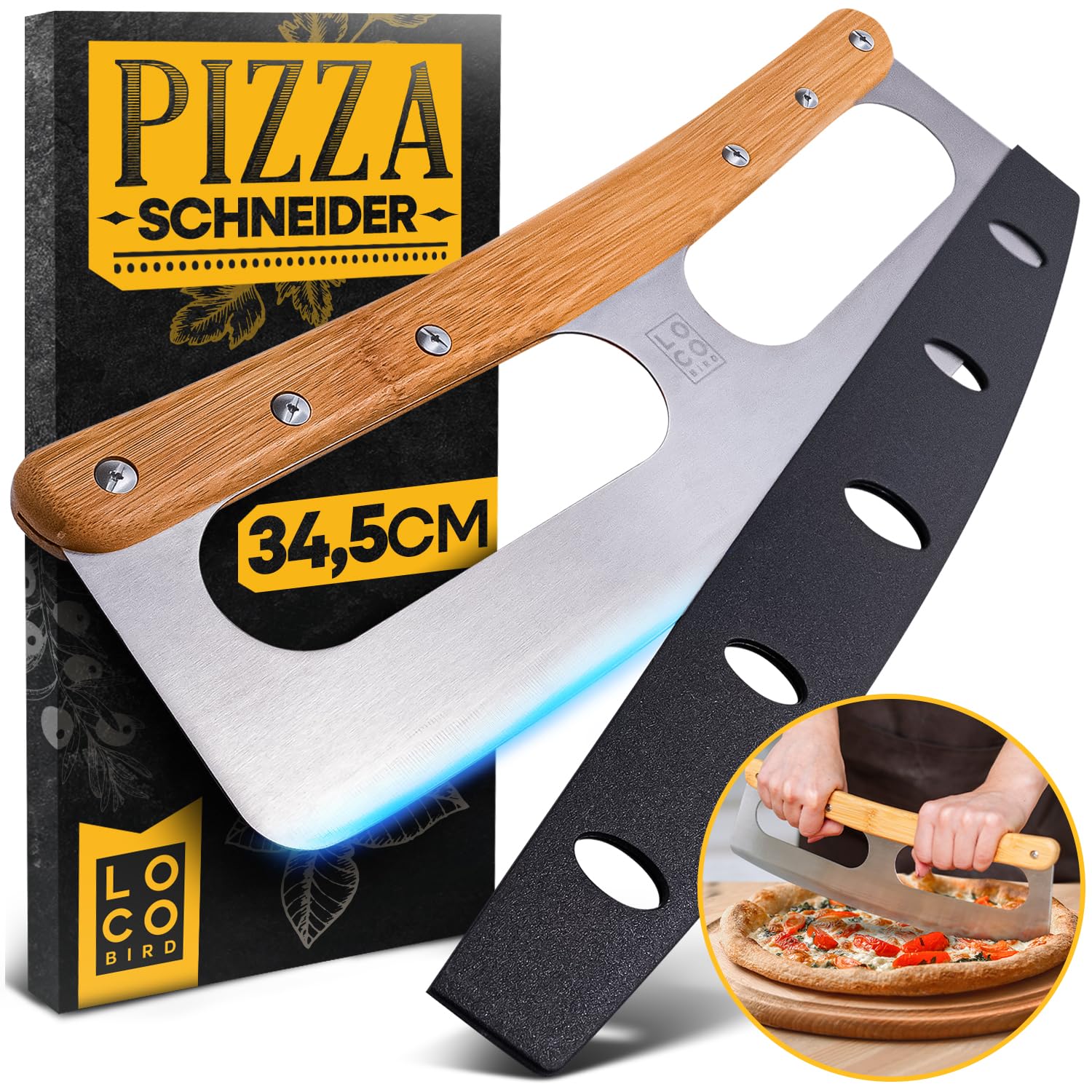 Loco Bird Pizzaschneider 34,5cm - Pizzamesser aus Edelstahl mit Bambusgriff - Pizza schneider mit Klingenschutz - Vielseitig einsetzbares Pizza Wiegemesser lustig - cutter scharfe Edelstahl Klinge