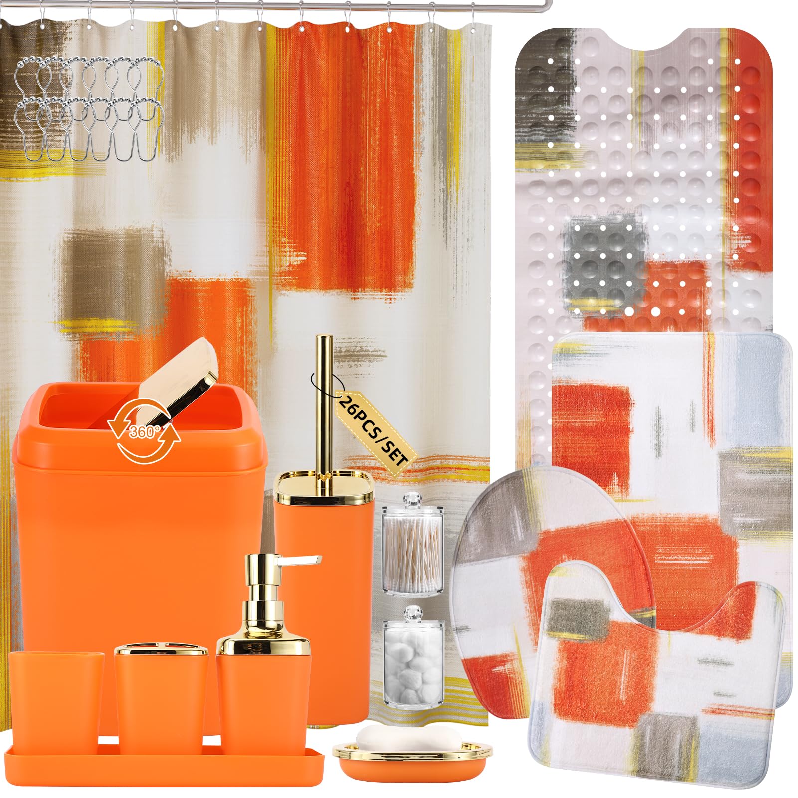 Photo 1 of XLHOMO Bathroom Accessories Set - 26PCS Orange Bathroom Set, Bathroom Accessory Set with Shower Curtain and Rugs and Bathtub Mats for Home