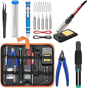 Soldering Iron Kit Electronics [Upgraded], Yome 15-in-1 60w Adjustable Temperature Soldering Iron with ON/OFF Switch, 5pcs Soldering Iron Tips, DE-soldering Pump, Wire cutters, screwdriver, Stand