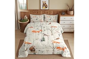 HOMEWISH Cartoon Bear Fox Kids Comforter Set Queen Size Rabbit Cute Animals Bedding Set 3Pcs for Girls Boys Adult Room Decor Tree Jungle Plants Quilt Set Hunt Adventure Duvet Insert,Beige 2 Pillowcases